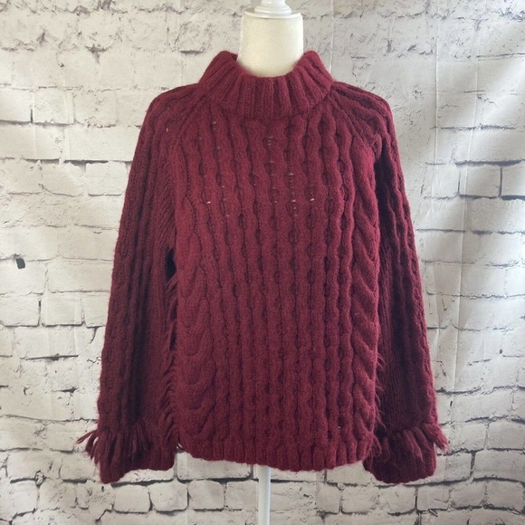 Eleven Six Sweater Womens Large Lorena Fringed Cable Knit Alpaca Blend Burgundy‎ - Picture 1 of 11